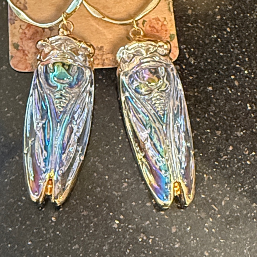 AB Colorful GlassGold and Iridescent Cicada Earrings